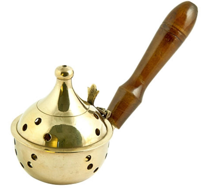 Brass Censer Burner with Wooden Handle - 6"L, 3"H