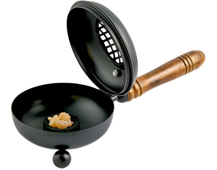 Metal Censer Burner with Wooden Handle - 10"L, 3.5"H, 4.5"D