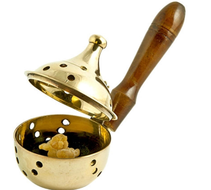 Brass Censer Burner with Wooden Handle - 6"L, 3"H