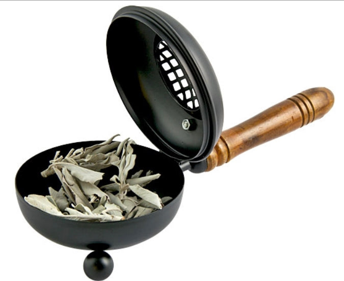 Metal Censer Burner with Wooden Handle - 10"L, 3.5"H, 4.5"D