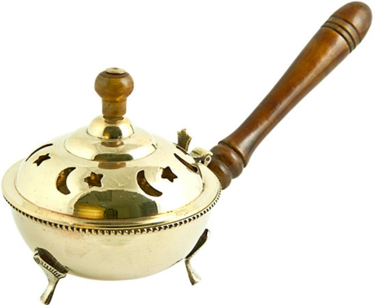 Brass Censer Burner with Wooden Handle - 9"L, 4"H