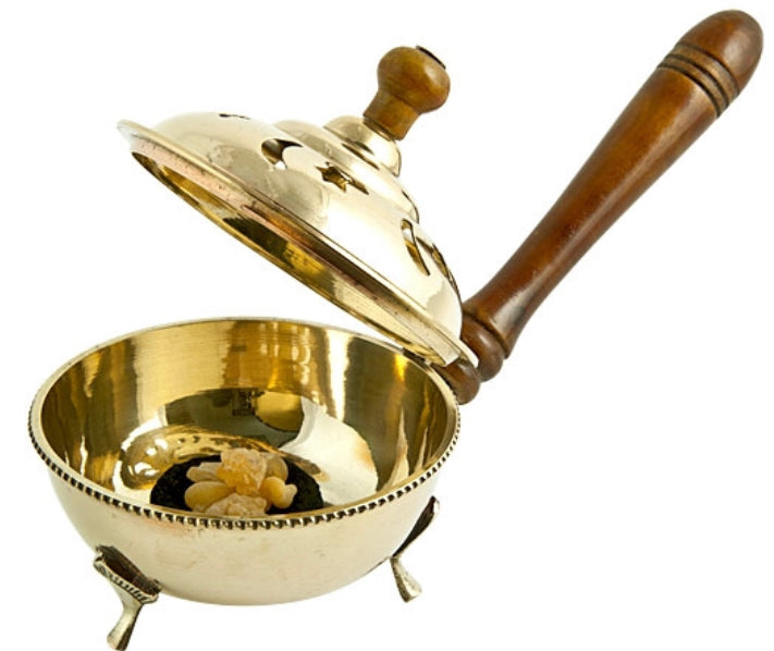 Brass Censer Burner with Wooden Handle - 9"L, 4"H